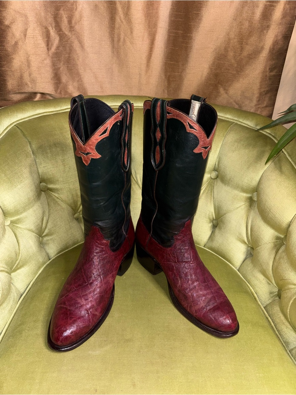 Men’s Custom Loveless Exotic Western Boots Elephant Print burgundy Sz 9.5E